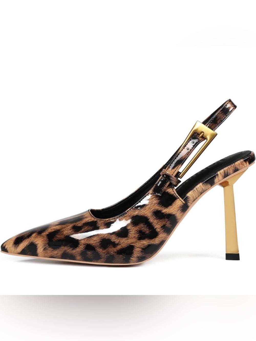 faux patent leopard sling back heels/ gold buckle and heel. Size 6